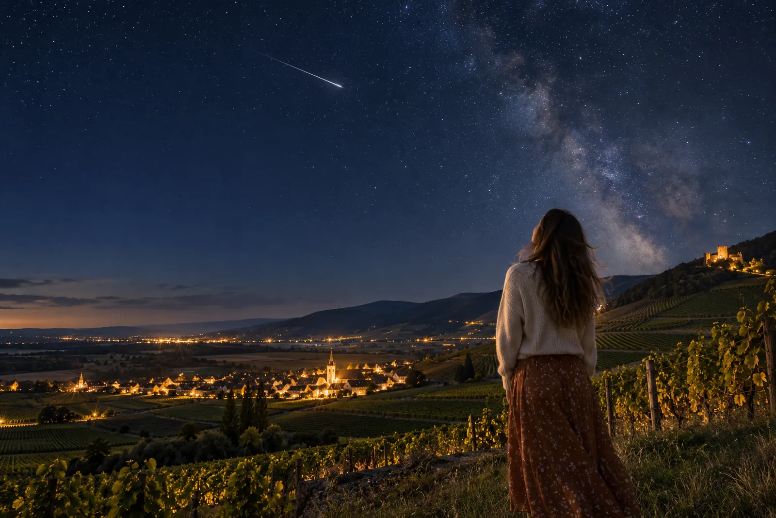 Une femme regarde une étoile filante au-dessus d'un village et de vignes, la nuit